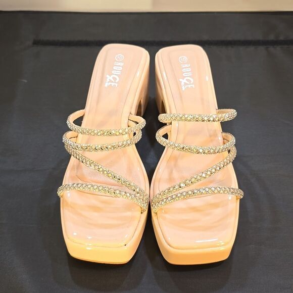 BRAND NEW ROUGE HELIUM LOW BLOCK-HEEL MULTI-STRAP RHINESTONE EMBELLISHMENTS - Picture 1 of 13